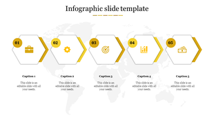 Slide with five hexagons in yellow and white, each featuring an icon and a caption, on a light world map background.