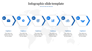 Infographic slide with six hexagonal icons with captions placed over a world map.