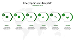 Infographic PPT slide with six green hexagonal icons representing business, gears, goals, growth, finance, and partnerships.