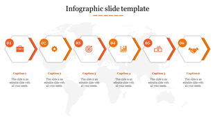 Six step orange themed infographic showing hexagonal shapes with icons and captions on a world map background.
