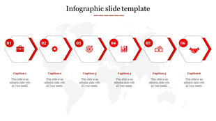 Six step red themed infographic with hexagonal shapes, featuring icons and captions aligned horizontally over a world map.