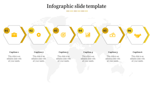 Infographic PPT slide with six yellow hexagonal icons for business, gear, target, chart, money, and handshake with captions.
