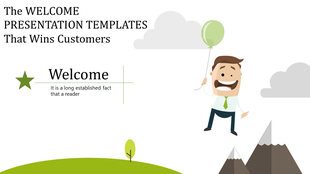 Illustrated man holding a green balloon, floating above hills and mountains, with a welcome message and a star icon.