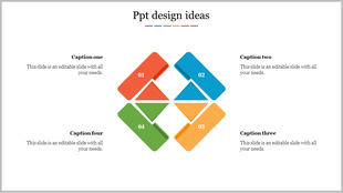 A diamond-shaped design arrangement of four blocks in red, blue, green, and orange, with caption areas.