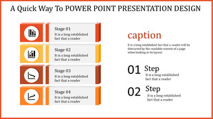 PowerPoint slide design featuring four stages with icons and descriptions of each stage's process.