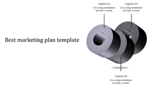 Marketing slide three metallic 3D rings stacked with dotted lines pointing to labeled captions, highlighting design elements.