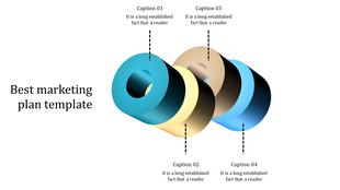 Best marketing plan template with colorful interconnected rings and captions for each stage.