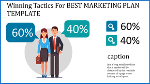 Marketing plan PowerPoint slide featuring a male and female pair with percentage breakdown with caption.
