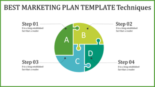Circular puzzle design divided into four colored sections labeled A, B, C, and D, with captions around it.