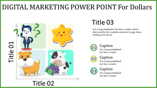 Grid layout with illustrations of a businessman, a star, a dog, and a cow holding money, alongside three numbered captions.