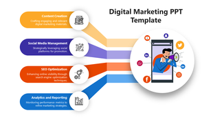 Colorful slide on digital marketing with four steps alongside social media icons with a human illustration with a megaphone.