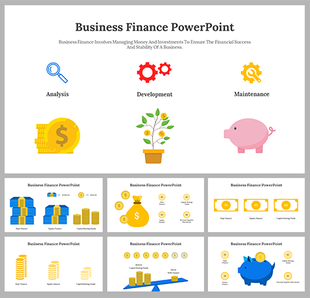 A set of business finance slides illustrating concepts like analysis, development, and maintenance with money icons.
