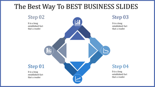 Business slide with diamond shaped center and four steps labeled with icons and text in shades of blue.