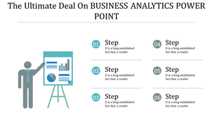 Business analytics PowerPoint template with a professional presenting data insights on a chart with six steps outlined.