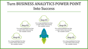Business analytics layout with a central rocket graphic surrounded by cloud shaped icons for five sequential steps.