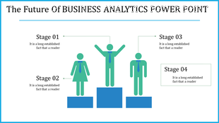 Business analytics PPT slide featuring four stages with figures standing on podiums representing different stages of growth.