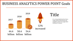 Business analytics slide with stacked coins showing revenue growth from 44.4 billion in 2017 to 54.4 billion in 2019.