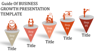 Business growth presentation template with five colorful funnel shaped steps, each featuring icons and titles.