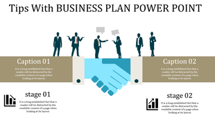 Business plan PPT slide featuring a handshake and business figures, with captions and stages with placeholder text.