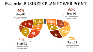 Business plan PowerPoint slide with four colorful steps and icons with placeholder text.