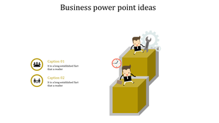 Slide featuring two yellow cubes with cartoon figures doing tasks, paired with circular icons and captions on th left.