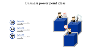 Business PowerPoint slide featuring animated characters on blue cubes with icons for teamwork, time, and tools with captions.