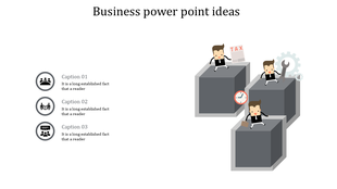 Creative business slide featuring gray cubes, task-performing figures, and three placeholder text areas.