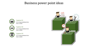 Creative business slide with green cubes featuring business figures and tools, three captions labeled with icons.