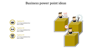 Business PPT template featuring animated characters on yellow cubes with icons for teamwork, time management, and tools.