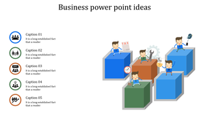 Five colorful cubes with small characters engaging in tasks, matched with icons and captions about business ideas.