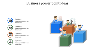 Visual of business concepts featuring figures on cubes holding a wrench, tax sign, clock, and light bulb, alongside caption.