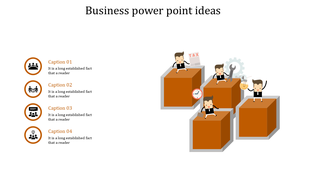 Business PPT slide with animated characters on orange cubes and icons for teamwork, time management, tools, and ideas.