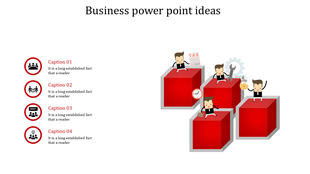 Business PPT slide with animated characters on red cubes and icons for teamwork, time management, tools, and innovation.