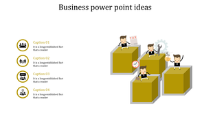 Business infographic with yellow cubes, characters engaging in symbolic actions, and four labeled captions areas.