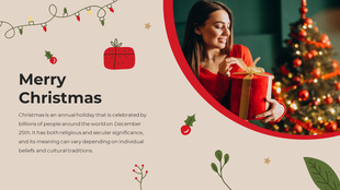 Festive design with a woman holding a gift, Christmas tree in the background, and holiday themed elements on beige.