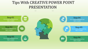 Central head puzzle graphic with six steps on either side, in green and blue shades, featuring icons and text.
