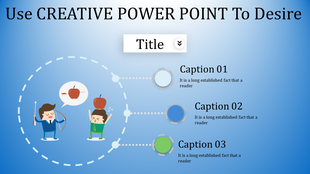 Creative PowerPoint slide with a humorous archery theme and three connected captions on a blue theme.