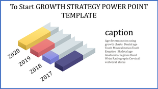 Slide showcasing a staircase like 3D infographic with yellow, red, blue, and purple blocks representing 2020 to 2017.