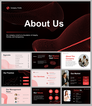 Company Profile PowerPoint slides featuring an about us and sections on values, services, and team.