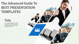 Slide with a green textured background, featuring diagonal images of professionals, and a central blue icon of a group.