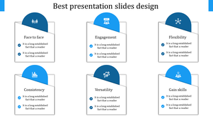 A slide with six labelled boxes for best presentation design each with title and with a blue icon.