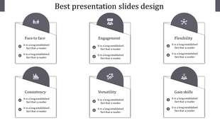 Slide design infographic with six white cards arranged in two rows, each featuring a top section with an icon and text.