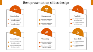 Best PPT presentation slide designs with orange icons from face to face to gaining skills with placeholder text.