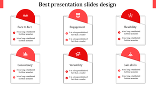 Slide design featuring six concepts like Engagement and Flexibility, each with a red icon and placeholder text.