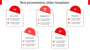 A red themed slide showcasing five key qualities from face to face to versatility, each with icons.