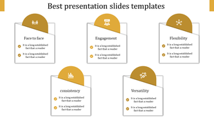 Slide design infographic with five white cards arranged in two rows, each featuring a yellow circular top section. 