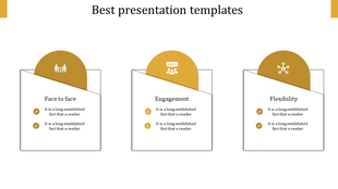 Slide infographic with three tilted rectangular cards, each topped with a gold semicircle containing an icon and a title.