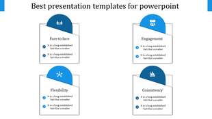 Slide featuring four white cards with blue tops and icons, highlighting key points in a grid format.