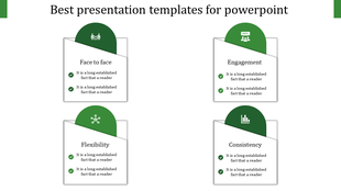 Slide infographic with four tilted rectangular cards, each topped with a green semicircle containing an icon and a title.