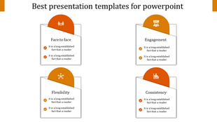 Grid style layout with four white cards and orange semicircle headers, each labeled with a topic and corresponding details.